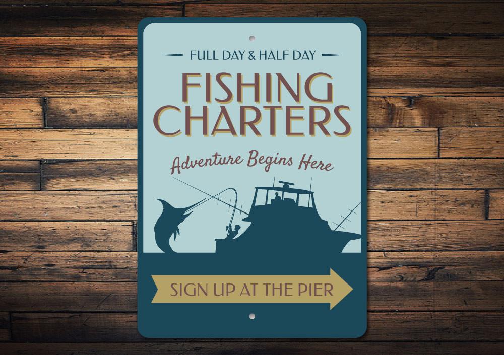 Fishing Charter Arrow Sign made of durable aluminum, featuring customizable text and pre-drilled holes for easy mounting, perfect for lakehouse decor.