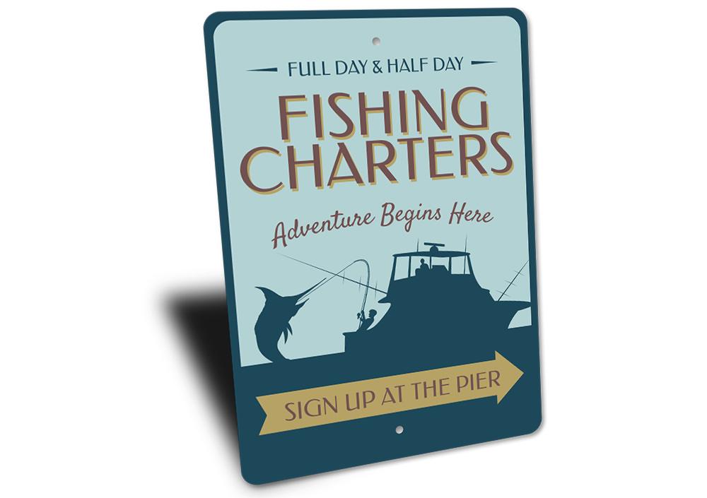 Fishing Charter Arrow Sign made of durable aluminum, featuring customizable text and pre-drilled holes for easy mounting, perfect for lakehouse decor.