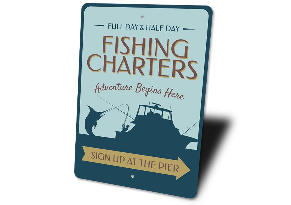 Fishing Charter Arrow Sign made of durable aluminum, featuring customizable text and pre-drilled holes for easy mounting, perfect for lakehouse decor.