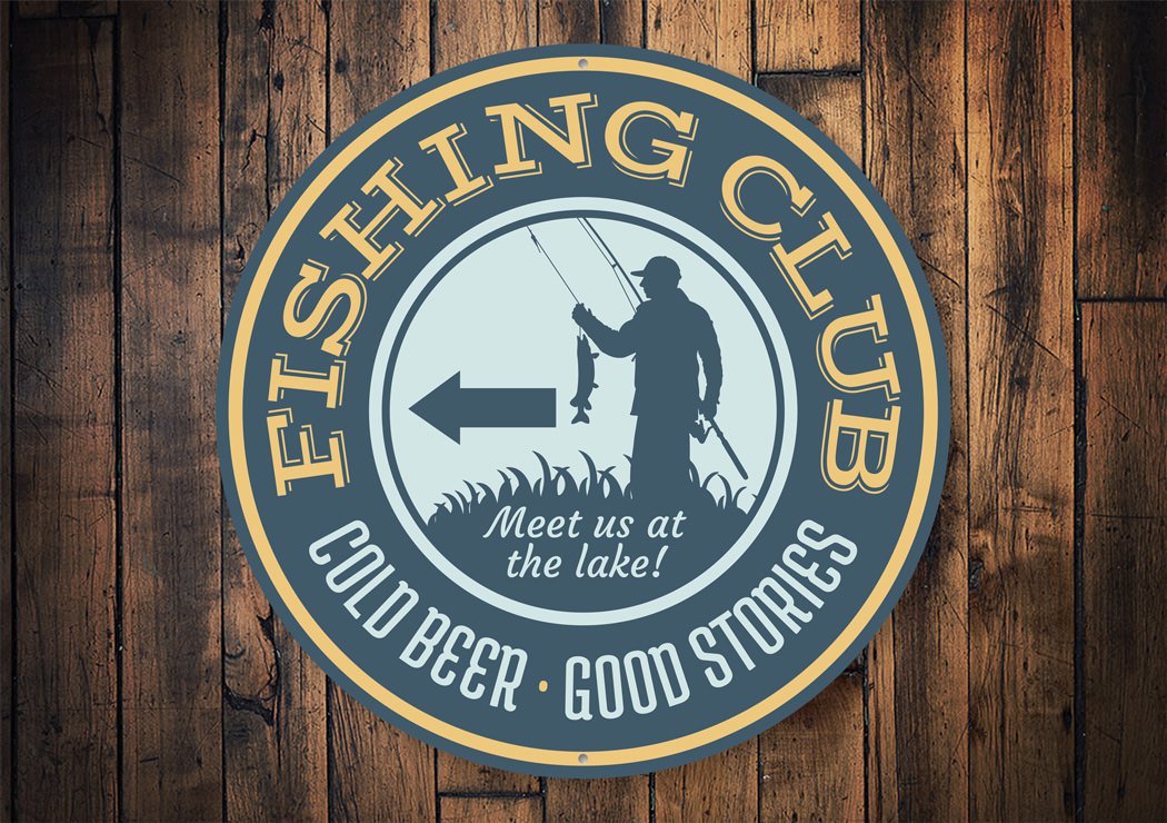 Fishing Club This Way Lake Sign made of durable aluminum, featuring a rustic design perfect for lakehouse decor.