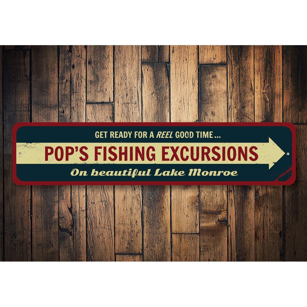 Fishing Excursions Sign made of high-quality aluminum, featuring customizable text and pre-drilled holes for easy mounting.