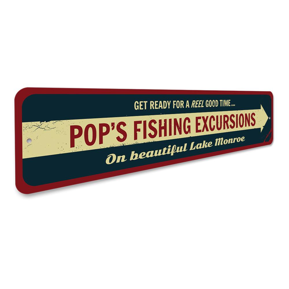 Fishing Excursions Sign made of high-quality aluminum, featuring customizable text and pre-drilled holes for easy mounting.