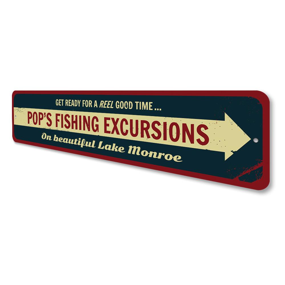 Fishing Excursions Sign made of high-quality aluminum, featuring customizable text and pre-drilled holes for easy mounting.