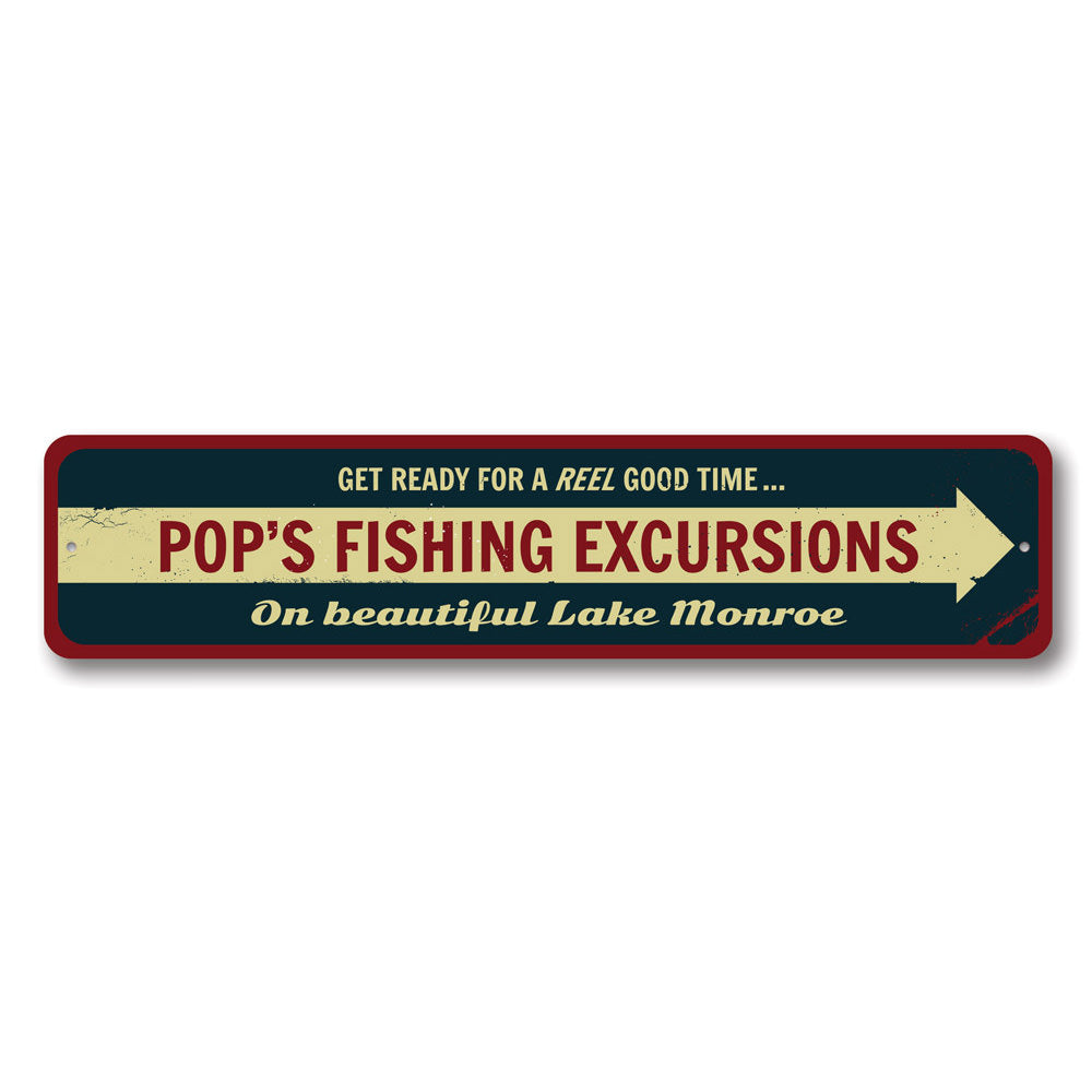 Fishing Excursions Sign made of high-quality aluminum, featuring customizable text and pre-drilled holes for easy mounting.