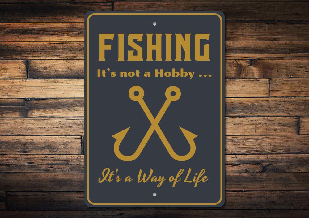 A beautifully crafted Fishing Hobby Sign made of aluminum, showcasing fishing-themed designs, perfect for lakehouse decor.