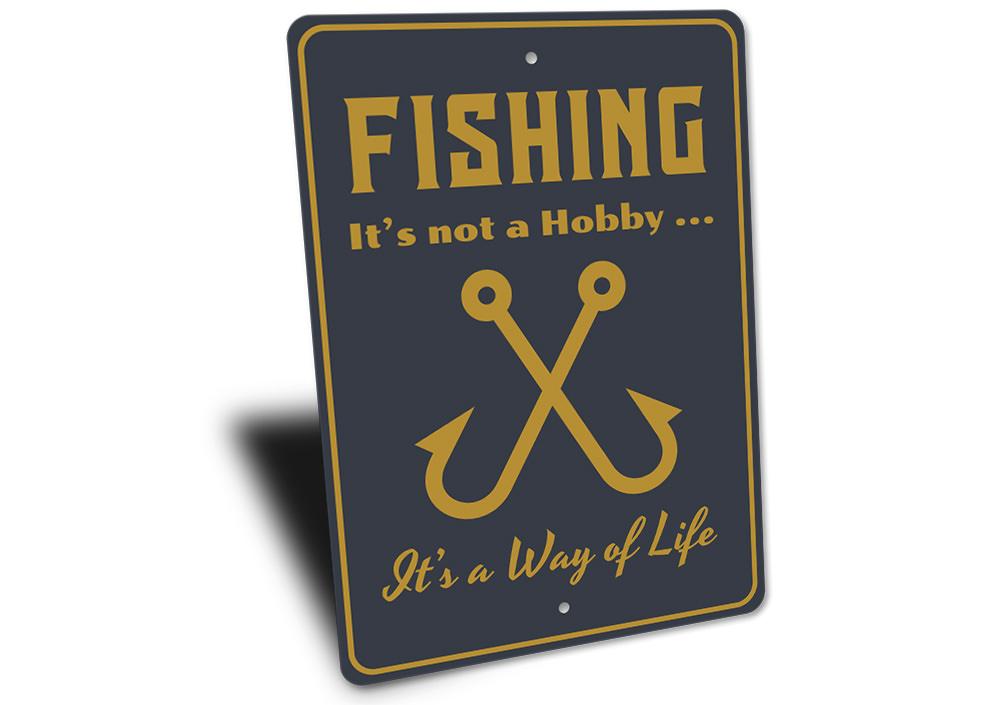 A beautifully crafted Fishing Hobby Sign made of aluminum, showcasing fishing-themed designs, perfect for lakehouse decor.