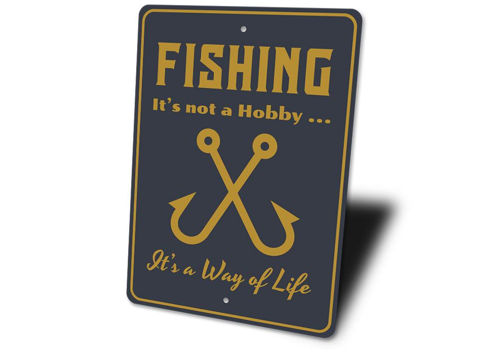 A beautifully crafted Fishing Hobby Sign made of aluminum, showcasing fishing-themed designs, perfect for lakehouse decor.