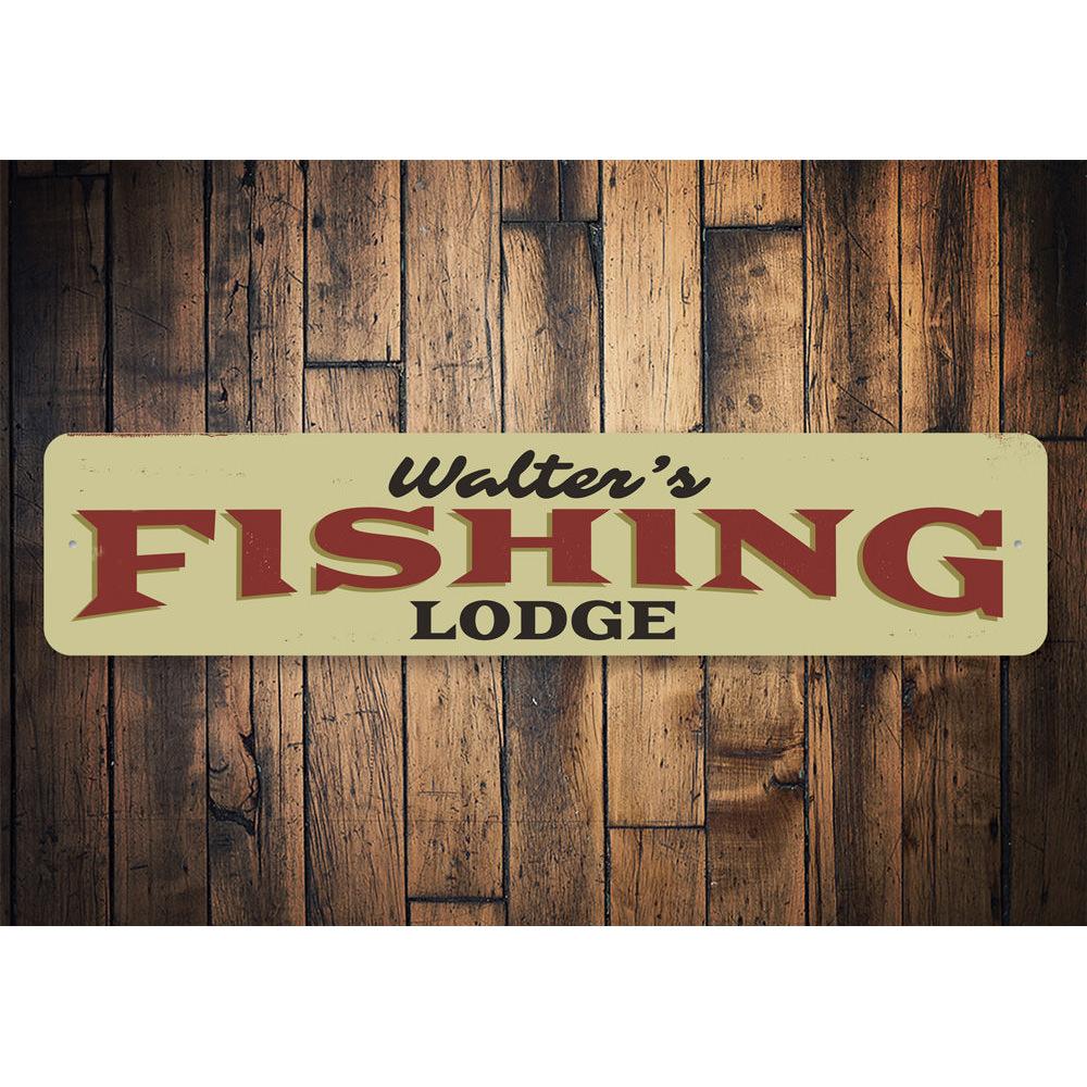 A personalized Fishing Lodge Name Sign made of high-quality aluminum, featuring custom text and a rustic design, perfect for lakehouses.