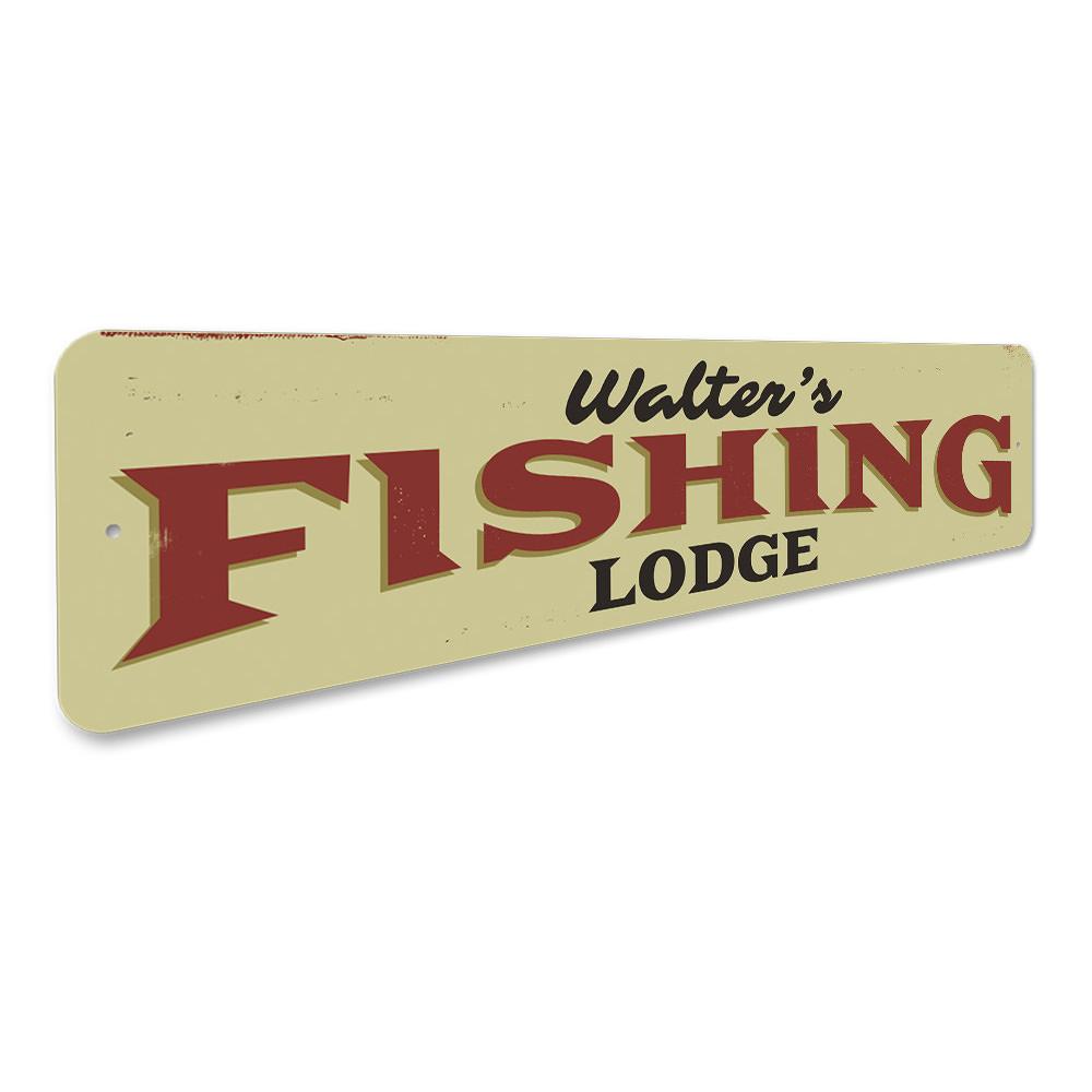 A personalized Fishing Lodge Name Sign made of high-quality aluminum, featuring custom text and a rustic design, perfect for lakehouses.