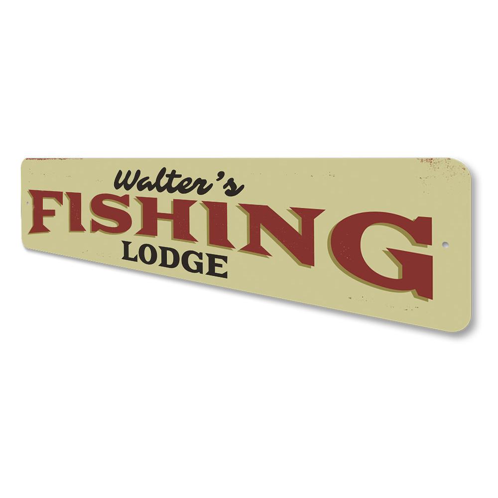 A personalized Fishing Lodge Name Sign made of high-quality aluminum, featuring custom text and a rustic design, perfect for lakehouses.