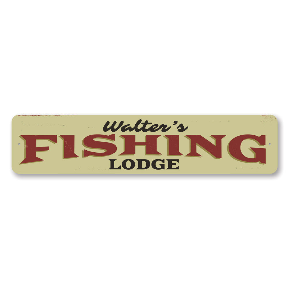 A personalized Fishing Lodge Name Sign made of high-quality aluminum, featuring custom text and a rustic design, perfect for lakehouses.