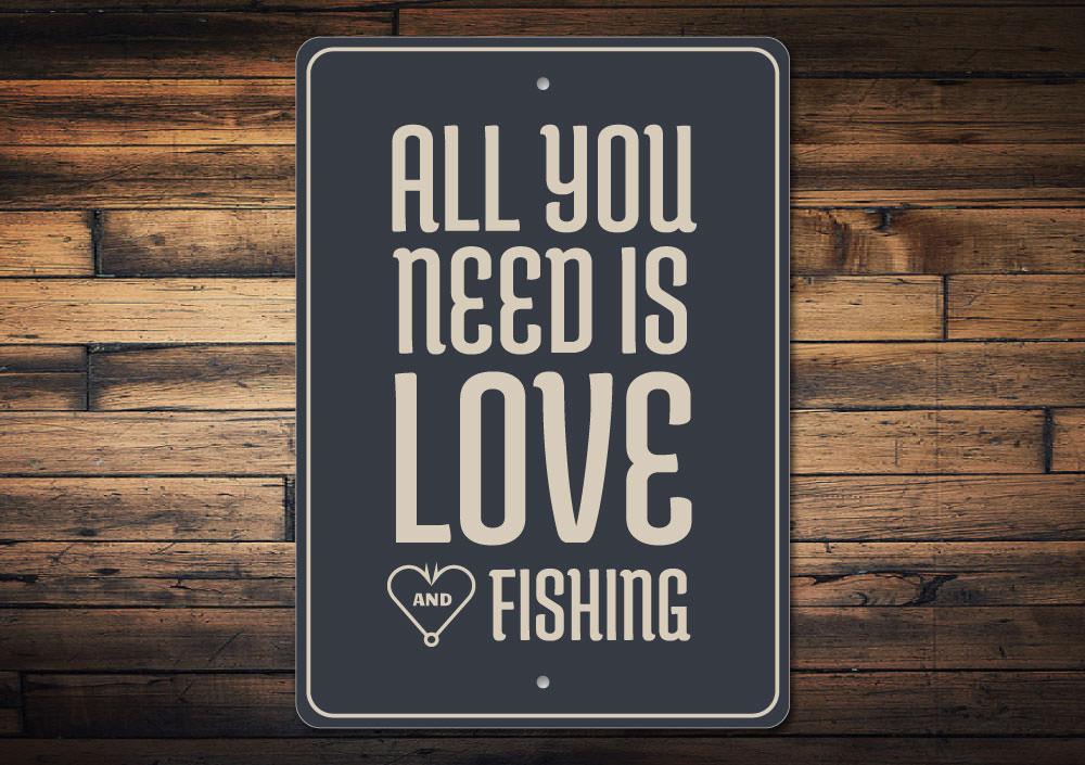 A decorative Fishing Lover Sign made of aluminum, featuring fishing-themed graphics and customizable text, perfect for lakehouse decor.