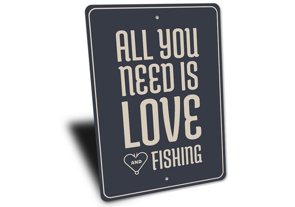 A decorative Fishing Lover Sign made of aluminum, featuring fishing-themed graphics and customizable text, perfect for lakehouse decor.