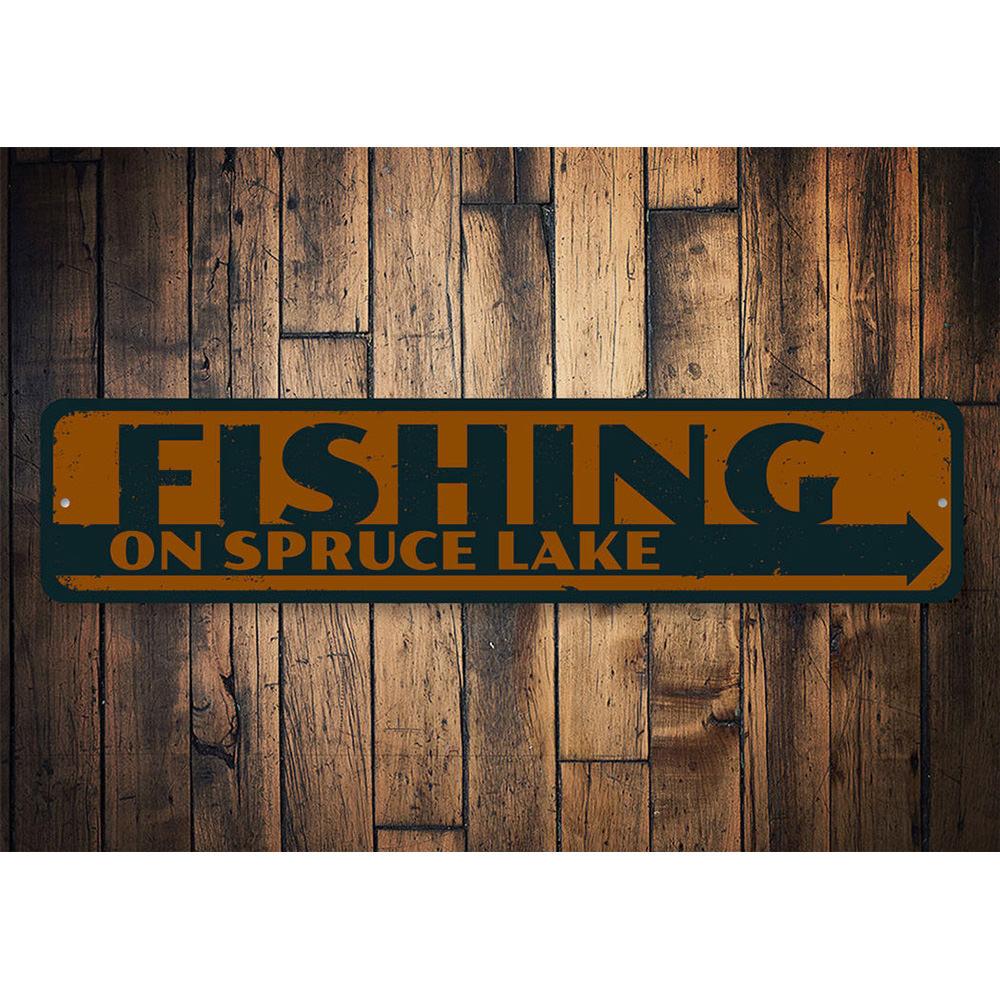 Customizable Fishing on Lake Name Sign made from durable aluminum, featuring pre-drilled holes for easy mounting.