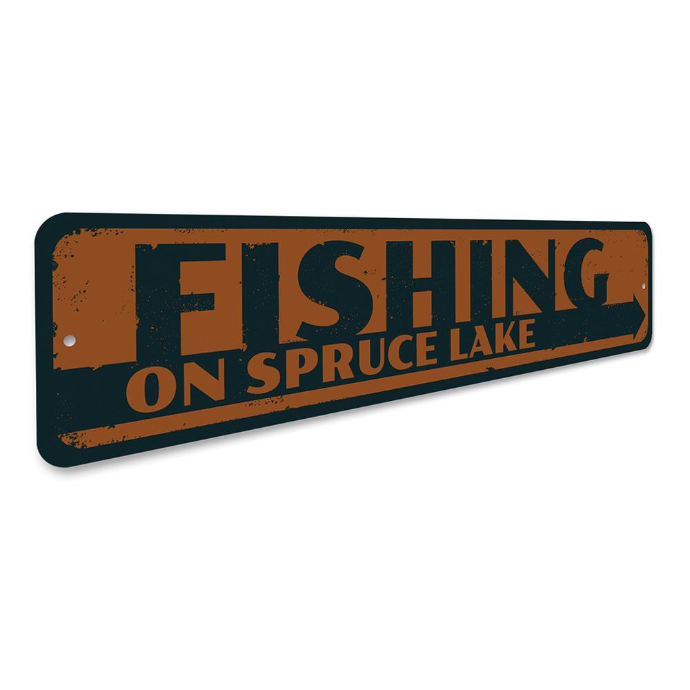 Customizable Fishing on Lake Name Sign made from durable aluminum, featuring pre-drilled holes for easy mounting.