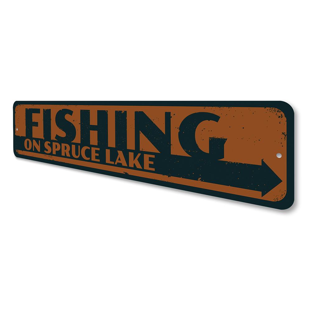 Customizable Fishing on Lake Name Sign made from durable aluminum, featuring pre-drilled holes for easy mounting.