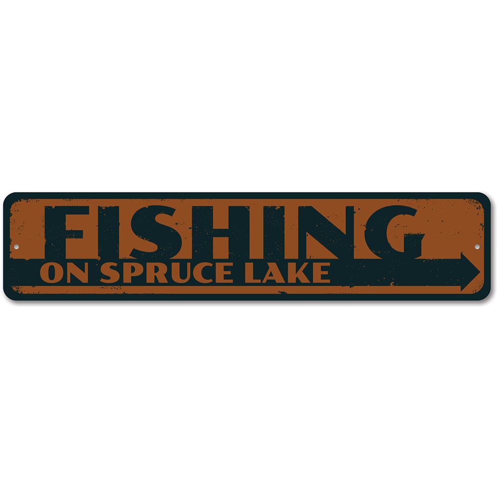 Customizable Fishing on Lake Name Sign made from durable aluminum, featuring pre-drilled holes for easy mounting.