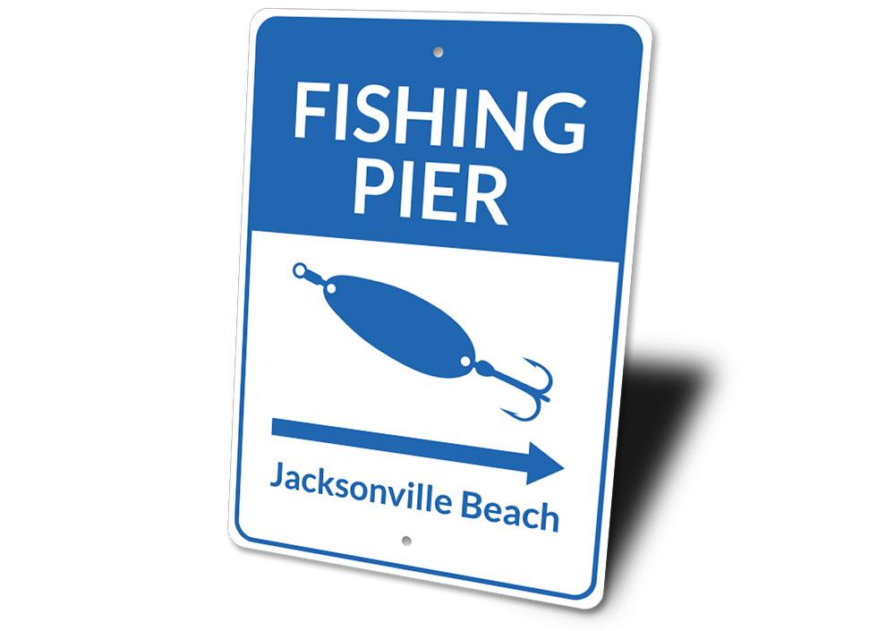 Fishing Pier Arrow Sign made of aluminum, featuring a decorative design perfect for lakehouses.