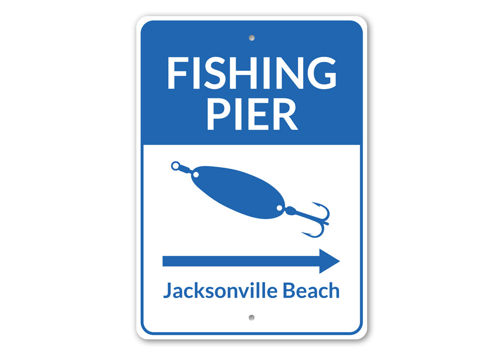 Fishing Pier Arrow Sign made of aluminum, featuring a decorative design perfect for lakehouses.