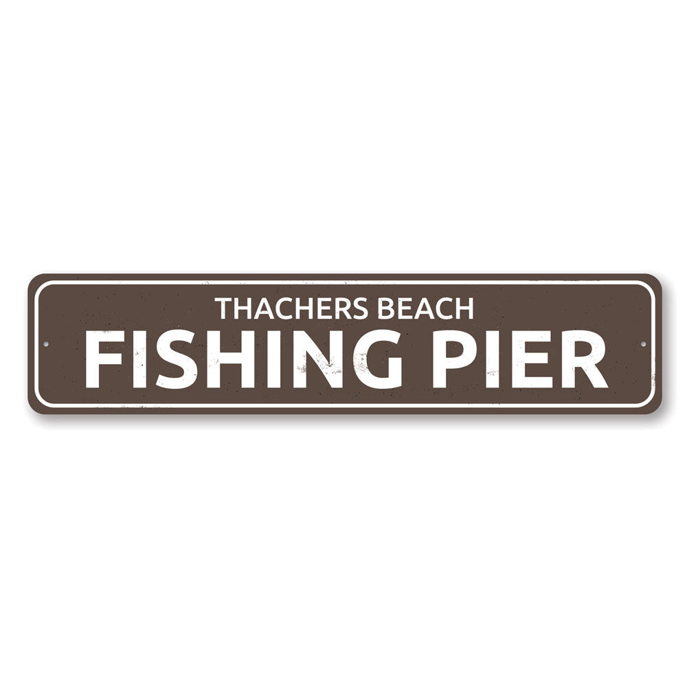 A beautifully crafted Fishing Pier Sign made of durable aluminum, featuring customizable text, perfect for lakehouse decor.