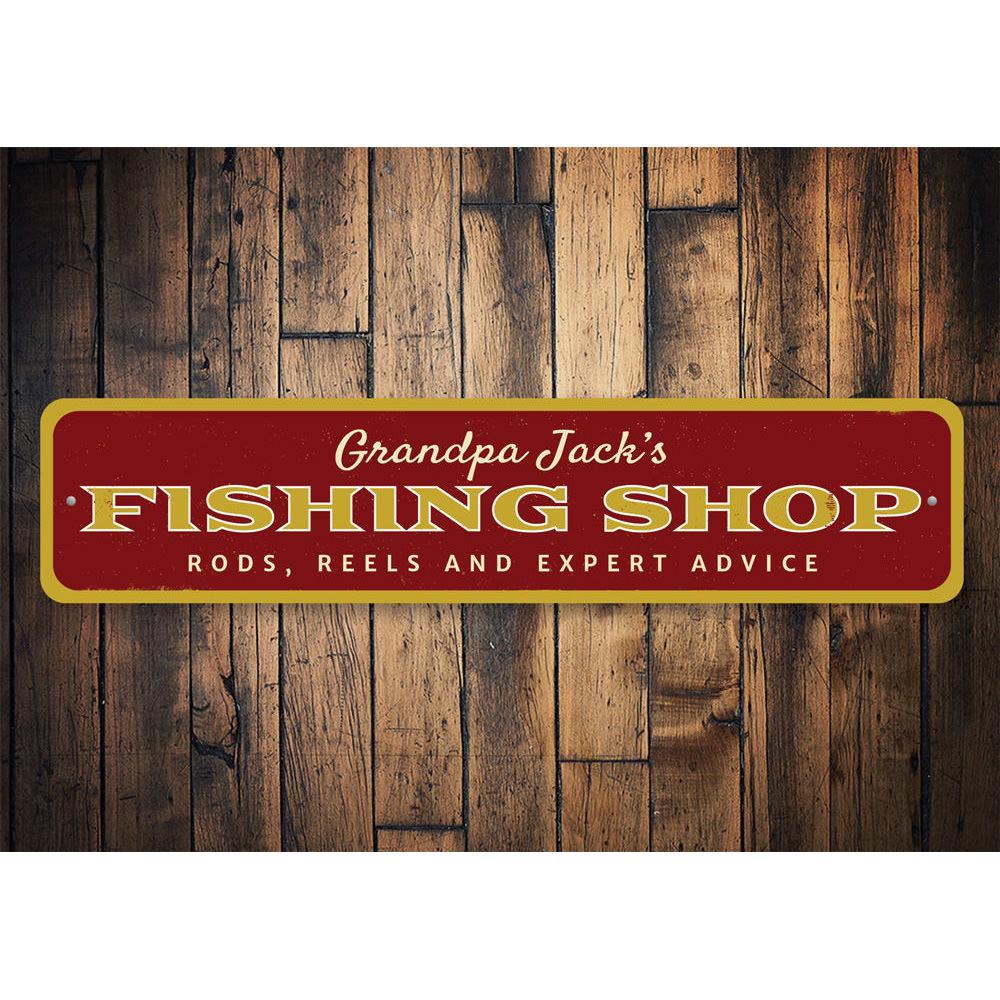 A beautifully crafted Fishing Shop Sign made from premium aluminum, showcasing a fishing theme, perfect for lakehouses.