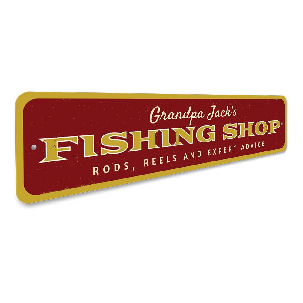 A beautifully crafted Fishing Shop Sign made from premium aluminum, showcasing a fishing theme, perfect for lakehouses.