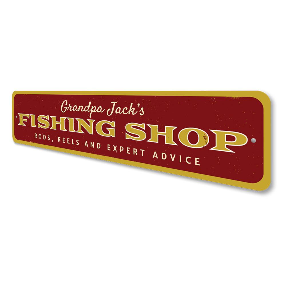 A beautifully crafted Fishing Shop Sign made from premium aluminum, showcasing a fishing theme, perfect for lakehouses.