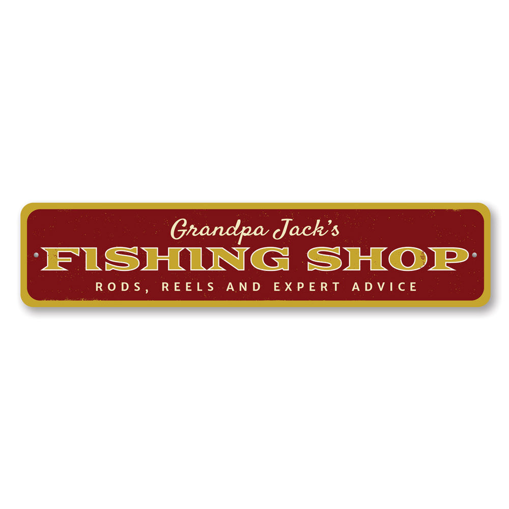 A beautifully crafted Fishing Shop Sign made from premium aluminum, showcasing a fishing theme, perfect for lakehouses.