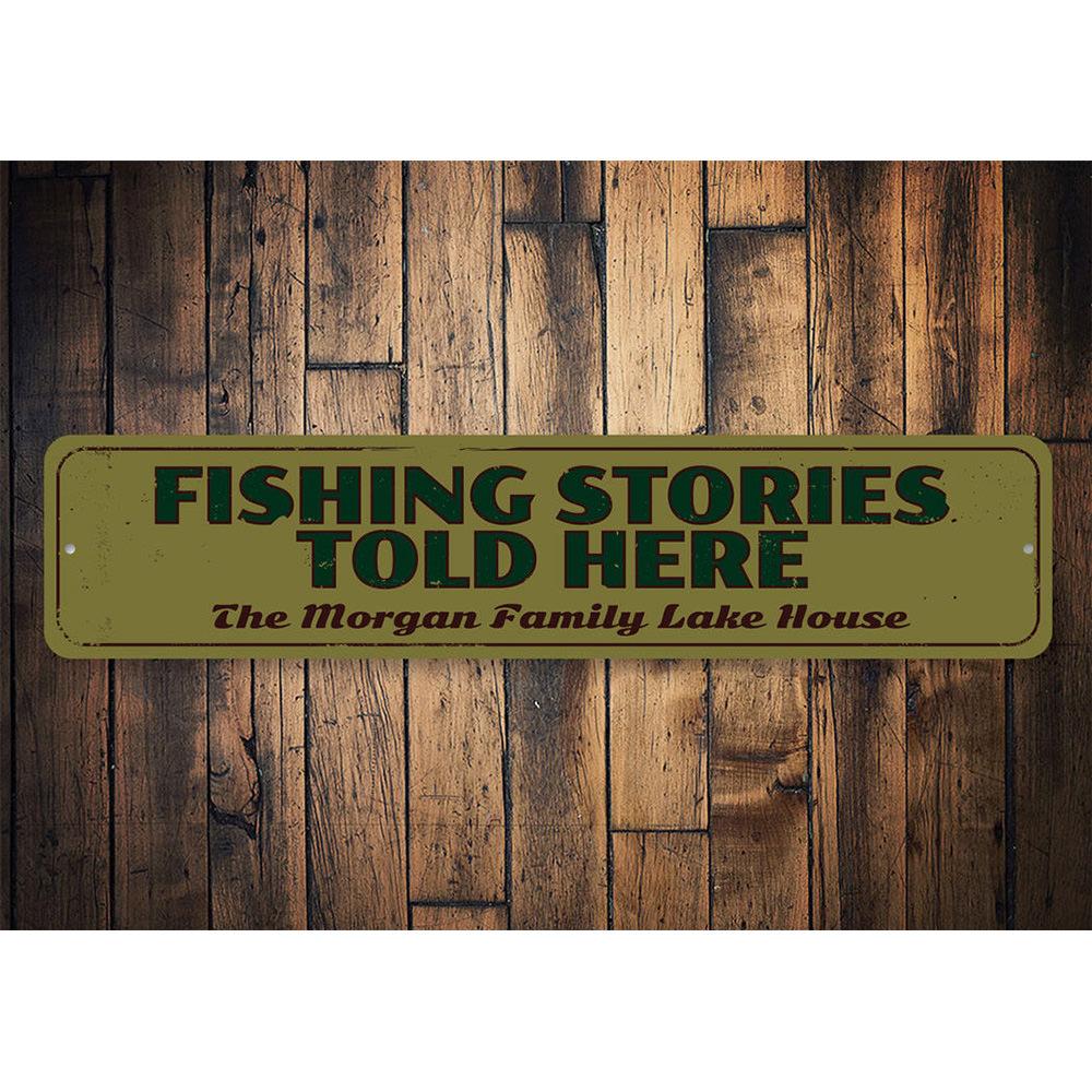 Fishing Stories Told Here Sign made of high-quality aluminum, featuring a rustic design perfect for lakehouse decor.