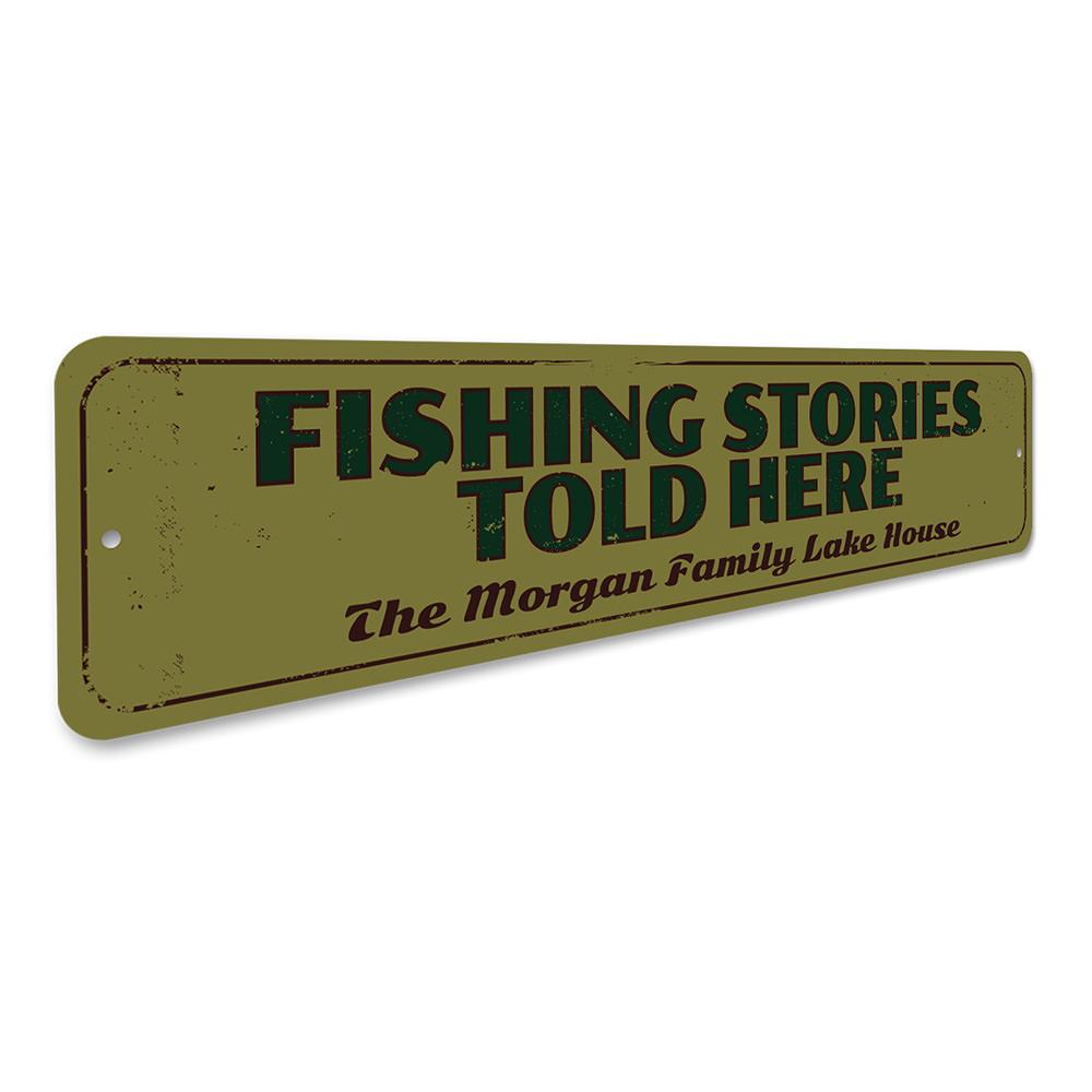 Fishing Stories Told Here Sign made of high-quality aluminum, featuring a rustic design perfect for lakehouse decor.