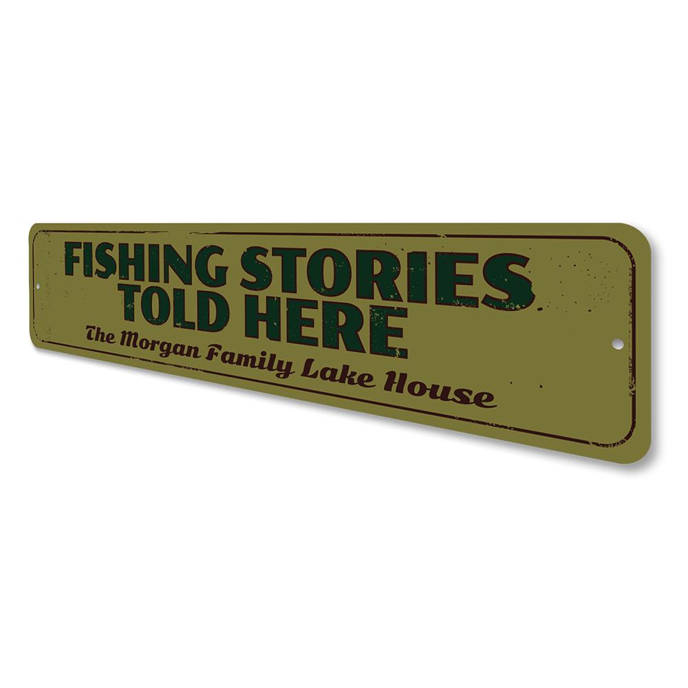 Fishing Stories Told Here Sign made of high-quality aluminum, featuring a rustic design perfect for lakehouse decor.