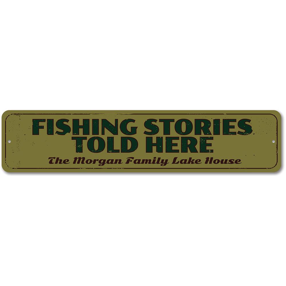 Fishing Stories Told Here Sign made of high-quality aluminum, featuring a rustic design perfect for lakehouse decor.