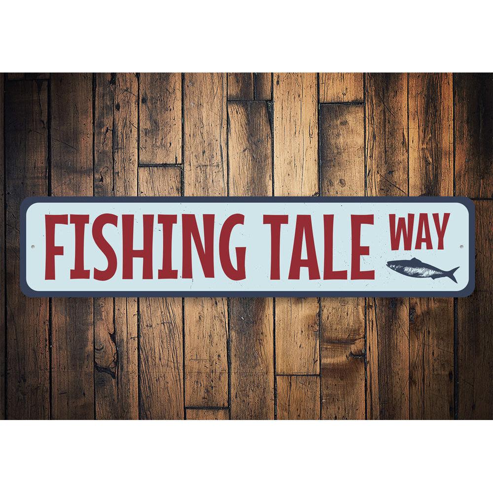 Fishing Tale Way Sign made of high-quality aluminum, featuring a decorative design perfect for lakehouses.