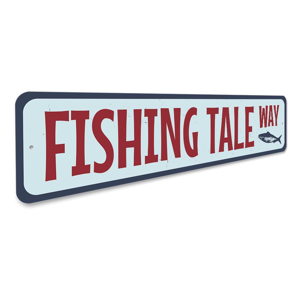 Fishing Tale Way Sign made of high-quality aluminum, featuring a decorative design perfect for lakehouses.