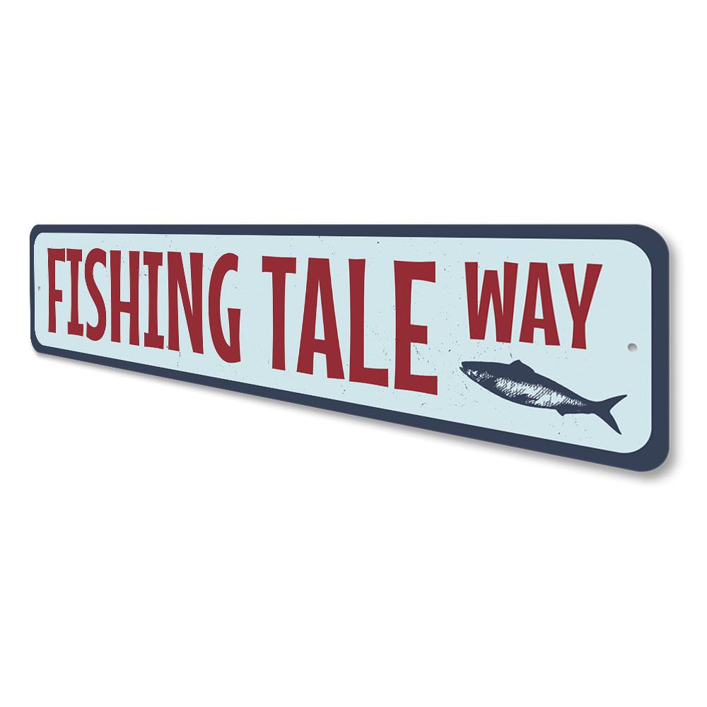 Fishing Tale Way Sign made of high-quality aluminum, featuring a decorative design perfect for lakehouses.