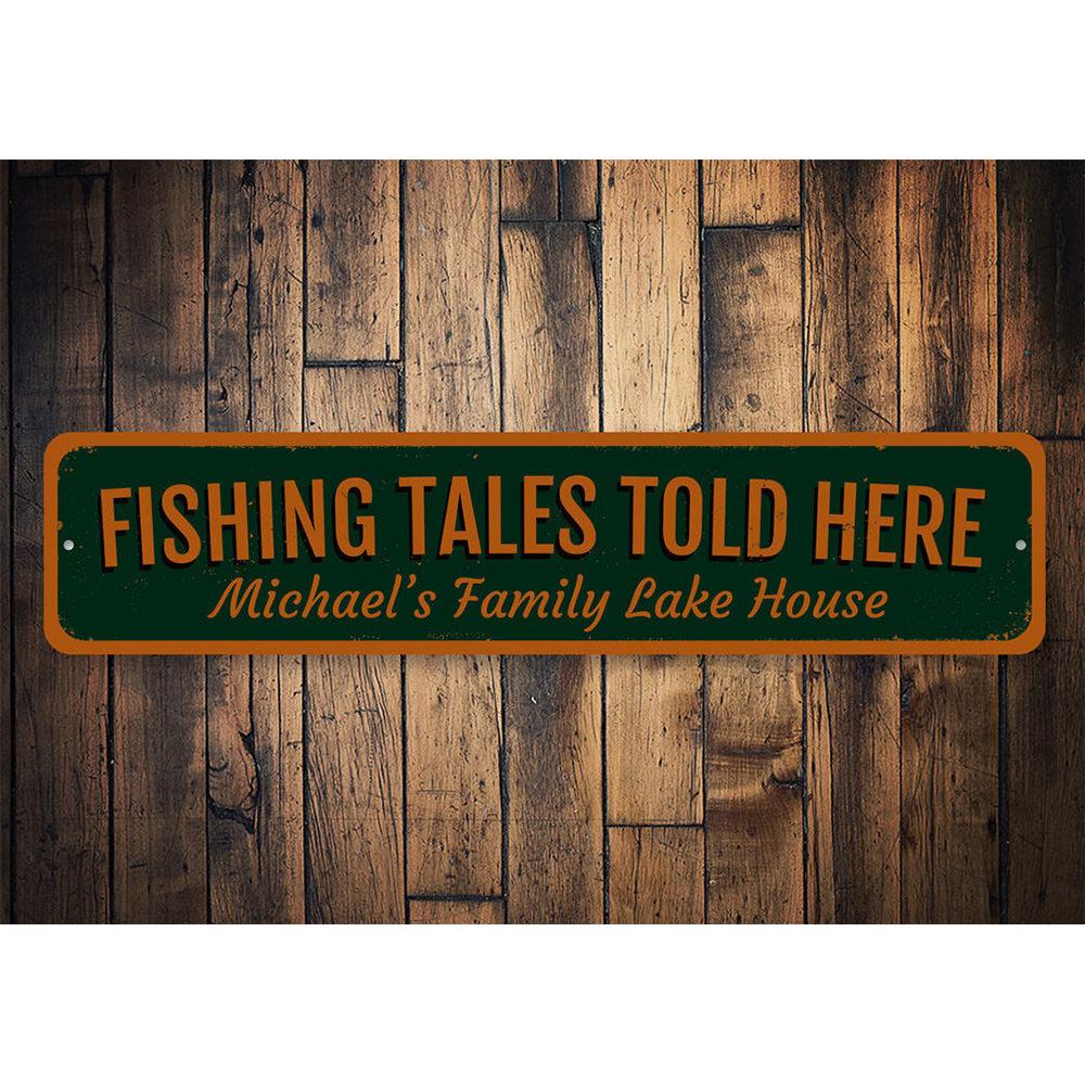 Fishing Tales Told Here Sign made of high-quality aluminum, featuring a rustic design perfect for lakehouse decor.