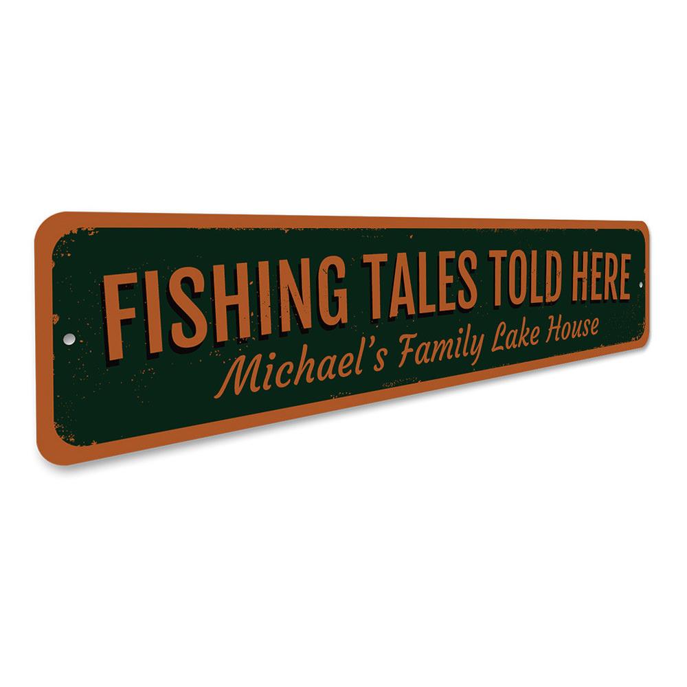 Fishing Tales Told Here Sign made of high-quality aluminum, featuring a rustic design perfect for lakehouse decor.