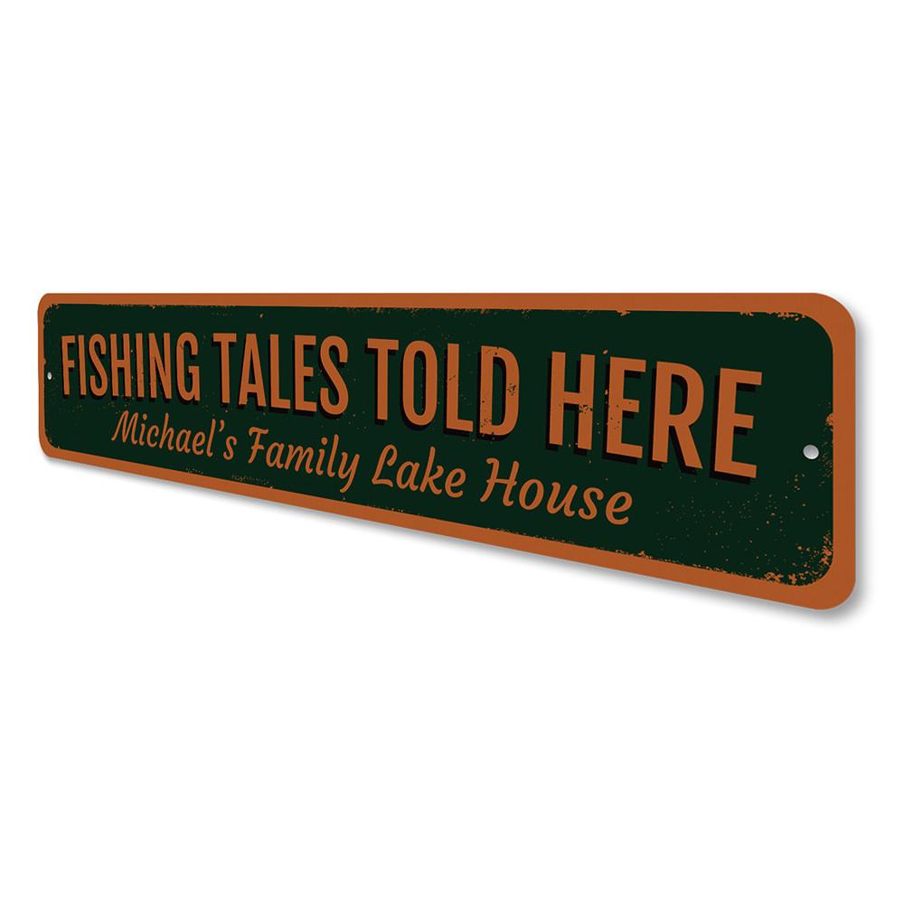 Fishing Tales Told Here Sign made of high-quality aluminum, featuring a rustic design perfect for lakehouse decor.