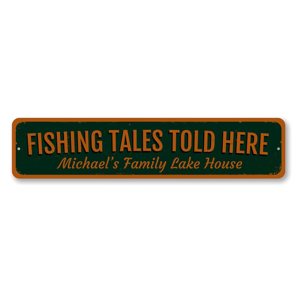 Fishing Tales Told Here Sign made of high-quality aluminum, featuring a rustic design perfect for lakehouse decor.