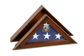 Five Star General Flag Case made of solid cherry wood with gold accents, elegantly displaying a burial flag.