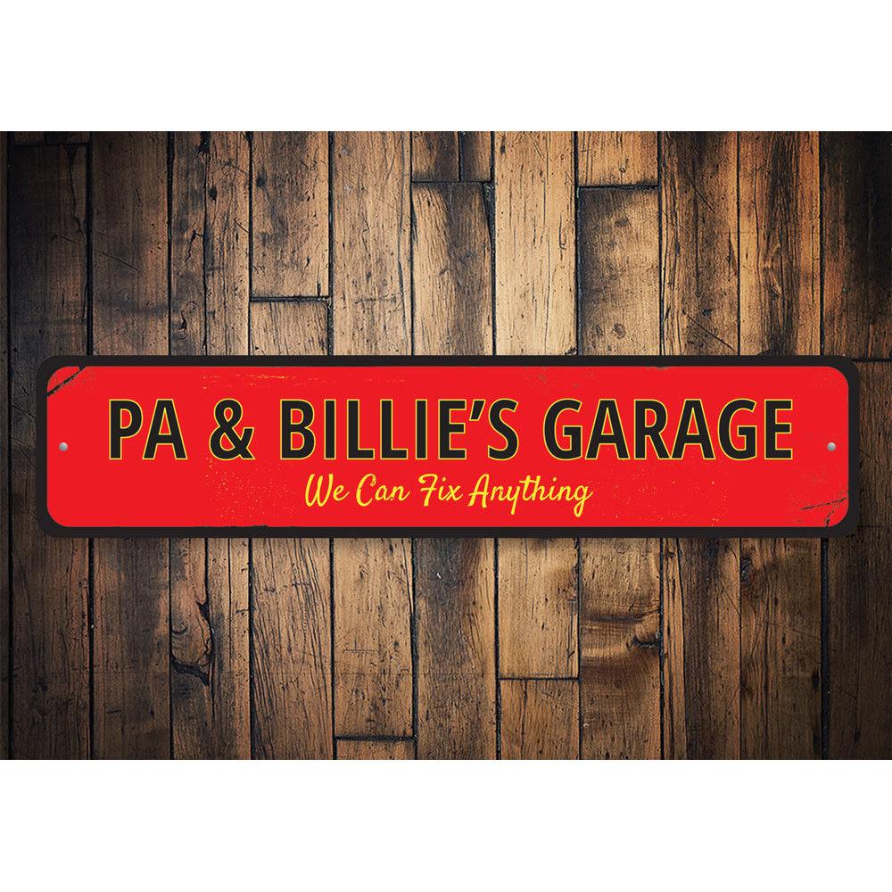 A customizable Fix Anything Garage Sign made of durable aluminum, featuring pre-drilled holes for easy mounting.