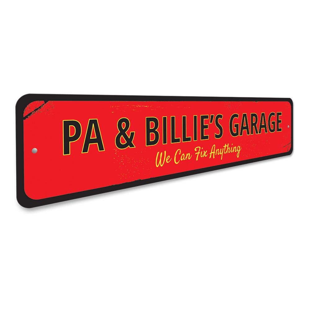 A customizable Fix Anything Garage Sign made of durable aluminum, featuring pre-drilled holes for easy mounting.