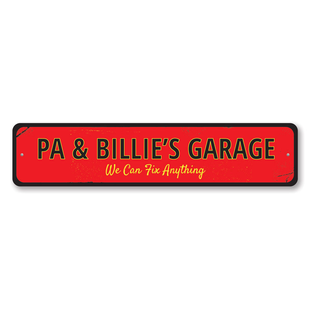 A customizable Fix Anything Garage Sign made of durable aluminum, featuring pre-drilled holes for easy mounting.