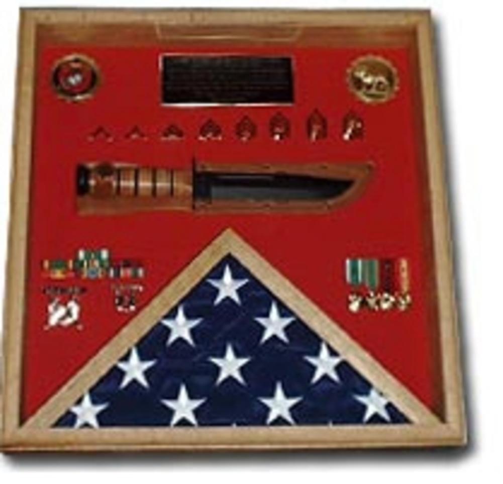 A beautifully crafted Flag and Knife Display Case in Red Oak, showcasing a flag and knife with a vibrant background.