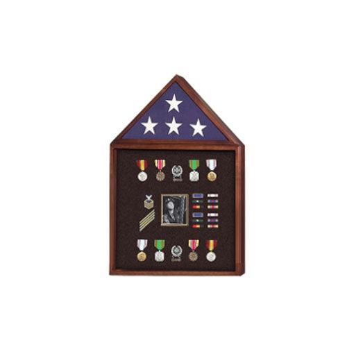 A beautifully crafted Flag and Badge display case made from real wood, showcasing a military flag with a UV-protected Plexiglas cover.