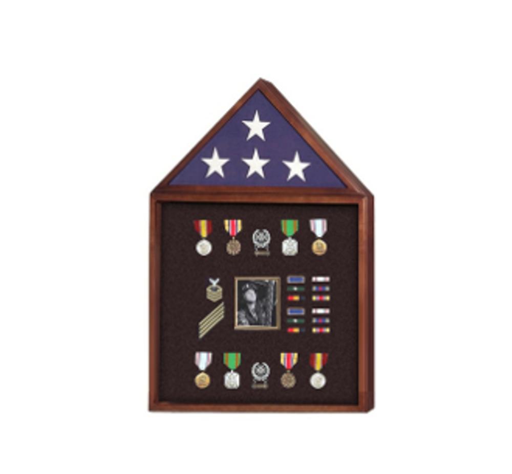 Elegant Flag and Badge display case in Walnut finish, showcasing a military flag with a protective Plexiglas cover.