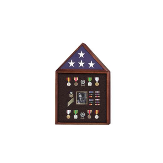 Flag and Badge display case showcasing a military flag with a red background, crafted from quality wood.