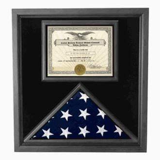 Elegant black frame flag and certificate case displaying a folded 3x5 American flag and an 8.5x11 certificate, made from cherry wood.