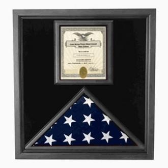 A handcrafted black-framed flag and certificate case made of cherry wood, displaying an American flag and a certificate of authenticity.