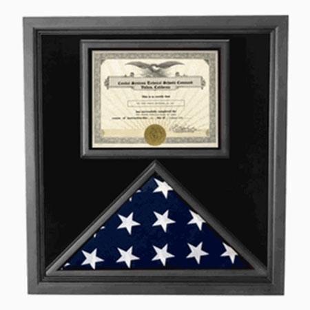 Flag and Certificate Case with black frame, showcasing a folded American flag and certificate holder, made from real wood with clear plexiglass front.